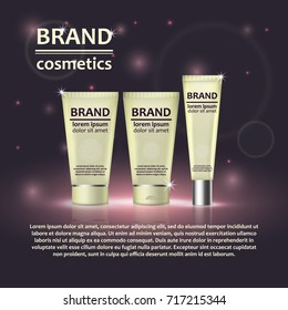 3D realistic cosmetic bottle ads template. Cosmetic brand advertising concept design with glitters and bokeh background.