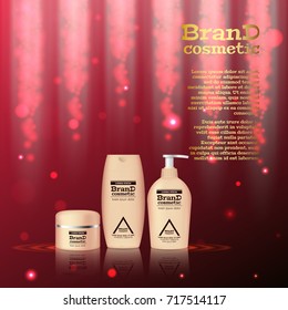 3D realistic cosmetic bottle ads template. Cosmetic brand advertising concept design with glitters and bokeh background.