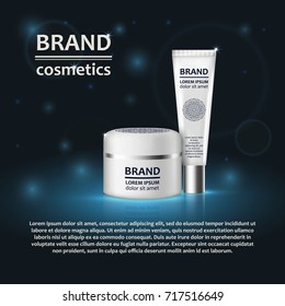 3D realistic cosmetic bottle ads template. Cosmetic brand advertising concept design with glitters and bokeh background.