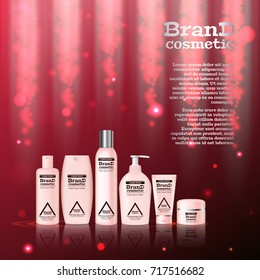 3D realistic cosmetic bottle ads template. Cosmetic brand advertising concept design with glitters and bokeh background.