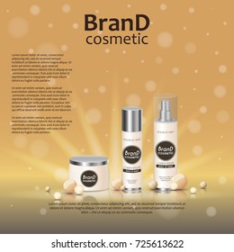 3D realistic cosmetic bottle ads template. Cosmetic brand advertising concept design on glowing background with pearls and sparkles.