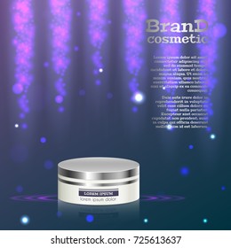 3D realistic cosmetic bottle ads template. Cosmetic brand advertising concept design with glitters and bokeh background.