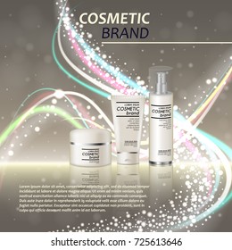3D realistic cosmetic bottle ads template. Cosmetic brand advertising concept design with glitters and bokeh background.
