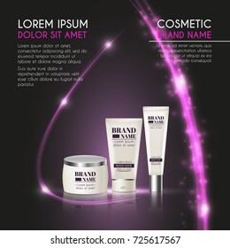 3D realistic cosmetic bottle ads template. Cosmetic brand advertising concept design with glowing sparkles and glitters abstract background.