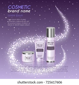 3D realistic cosmetic bottle ads template. Cosmetic brand advertising concept design with glittering dust background.