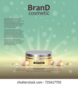 3D realistic cosmetic bottle ads template. Cosmetic brand advertising concept design on glowing background with pearls and sparkles.