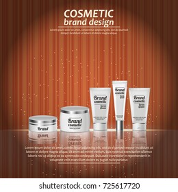 3D realistic cosmetic bottle ads template. Cosmetic brand advertising concept design with glowing sparkles on abstract texture background.