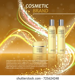 3D realistic cosmetic bottle ads template. Cosmetic brand advertising concept design with glitters and bokeh background.