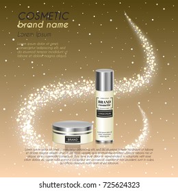 3D realistic cosmetic bottle ads template. Cosmetic brand advertising concept design with glittering dust background.