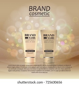 3D realistic cosmetic bottle ads template. Cosmetic brand advertising concept design with glitters and bokeh background.