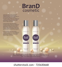 3D realistic cosmetic bottle ads template. Cosmetic brand advertising concept design on glowing background with pearls and sparkles.