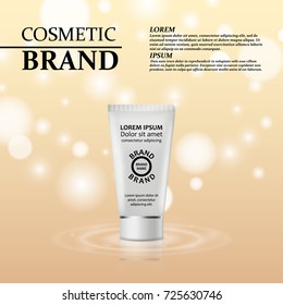 3D realistic cosmetic bottle ads template. Cosmetic brand advertising concept design with glitters and bokeh background.