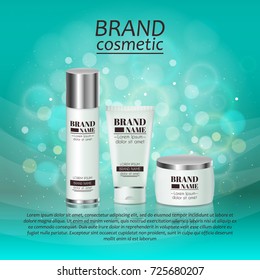 3D realistic cosmetic bottle ads template. Cosmetic brand advertising concept design with glitters and bokeh background.
