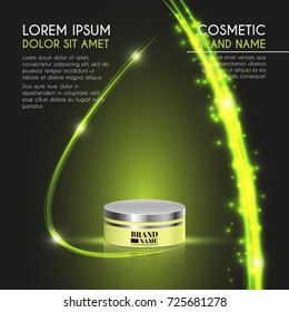 3D realistic cosmetic bottle ads template. Cosmetic brand advertising concept design with glowing sparkles and glitters abstract background.