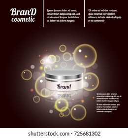 3D realistic cosmetic bottle ads template. Cosmetic brand advertising concept design with bubbles and sparkles.