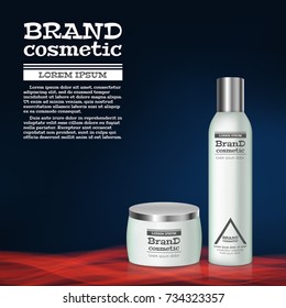 3D realistic cosmetic bottle ads template. Cosmetic brand advertising concept design with abstract glowing waves.