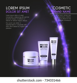 3D realistic cosmetic bottle ads template. Cosmetic brand advertising concept design with glowing sparkles and glitters abstract background.