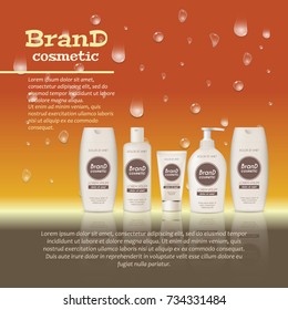 3D realistic cosmetic bottle ads template. Cosmetic brand advertising concept design with water bubbles and waterdrops background.
