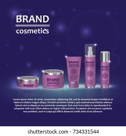 3D realistic cosmetic bottle ads template. Cosmetic brand advertising concept design with glitters and bokeh background.