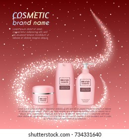 3D realistic cosmetic bottle ads template. Cosmetic brand advertising concept design with glittering dust background.