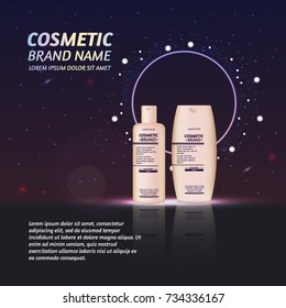 3D realistic cosmetic bottle ads template. Cosmetic brand advertising concept design with glitters and sparkles abstract sky background.