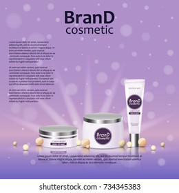 3D realistic cosmetic bottle ads template. Cosmetic brand advertising concept design on glowing background with pearls and sparkles.