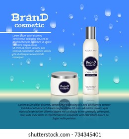 3D realistic cosmetic bottle ads template. Cosmetic brand advertising concept design with water bubbles and waterdrops background.