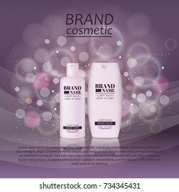 3D realistic cosmetic bottle ads template. Cosmetic brand advertising concept design with glitters and bokeh background.