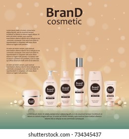 3D realistic cosmetic bottle ads template. Cosmetic brand advertising concept design on glowing background with pearls and sparkles.