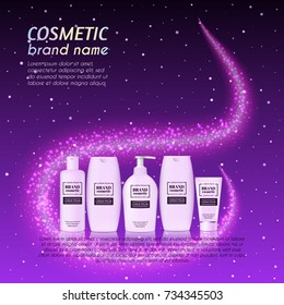 3D realistic cosmetic bottle ads template. Cosmetic brand advertising concept design with glittering dust background.