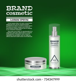 3D realistic cosmetic bottle ads template. Cosmetic brand advertising concept design with abstract glowing waves.
