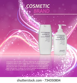 3D realistic cosmetic bottle ads template. Cosmetic brand advertising concept design with glitters and bokeh background.