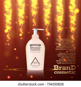 3D realistic cosmetic bottle ads template. Cosmetic brand advertising concept design with glitters and bokeh background.