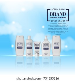 3D realistic cosmetic bottle ads template. Cosmetic brand advertising concept design on sky background with clouds.