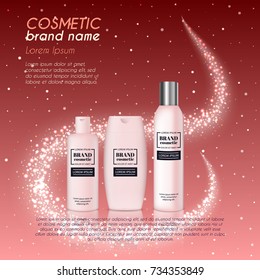 3D realistic cosmetic bottle ads template. Cosmetic brand advertising concept design with glittering dust background.