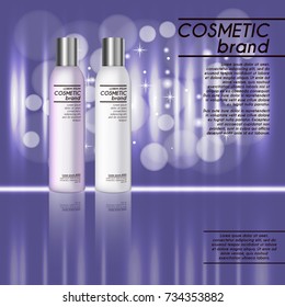 3D realistic cosmetic bottle ads template. Cosmetic brand advertising concept design with glitters and bokeh background.