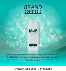 3D realistic cosmetic bottle ads template. Cosmetic brand advertising concept design with glitters and bokeh background.