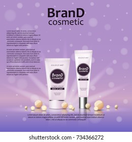 3D realistic cosmetic bottle ads template. Cosmetic brand advertising concept design on glowing background with pearls and sparkles.