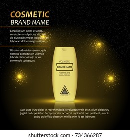 3D realistic cosmetic bottle ads template. Cosmetic brand advertising concept design with abstract glowing lights and sparkles background.