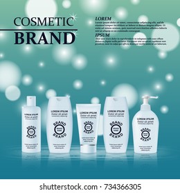 3D realistic cosmetic bottle ads template. Cosmetic brand advertising concept design with glitters and bokeh background.