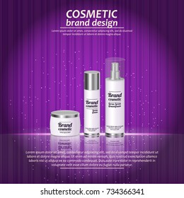 3D realistic cosmetic bottle ads template. Cosmetic brand advertising concept design with glowing sparkles on abstract texture background.