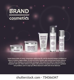 3D realistic cosmetic bottle ads template. Cosmetic brand advertising concept design with glitters and bokeh background.