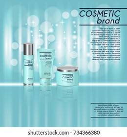 3D realistic cosmetic bottle ads template. Cosmetic brand advertising concept design with glitters and bokeh background.