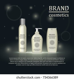 3D realistic cosmetic bottle ads template. Cosmetic brand advertising concept design with glitters and bokeh background.