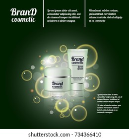 3D realistic cosmetic bottle ads template. Cosmetic brand advertising concept design with bubbles and sparkles.