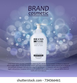 3D realistic cosmetic bottle ads template. Cosmetic brand advertising concept design with glitters and bokeh background.