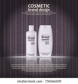 3D realistic cosmetic bottle ads template. Cosmetic brand advertising concept design with glowing sparkles on abstract texture background.