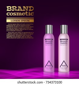 3D realistic cosmetic bottle ads template. Cosmetic brand advertising concept design with abstract glowing waves.