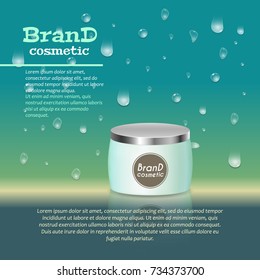 3D realistic cosmetic bottle ads template. Cosmetic brand advertising concept design with water bubbles and waterdrops background.