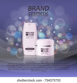3D realistic cosmetic bottle ads template. Cosmetic brand advertising concept design with glitters and bokeh background.